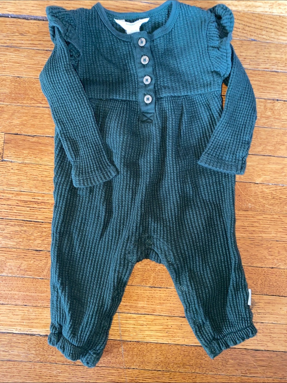 Long-Sleeve Green Waffle Knit Baby One-Piece